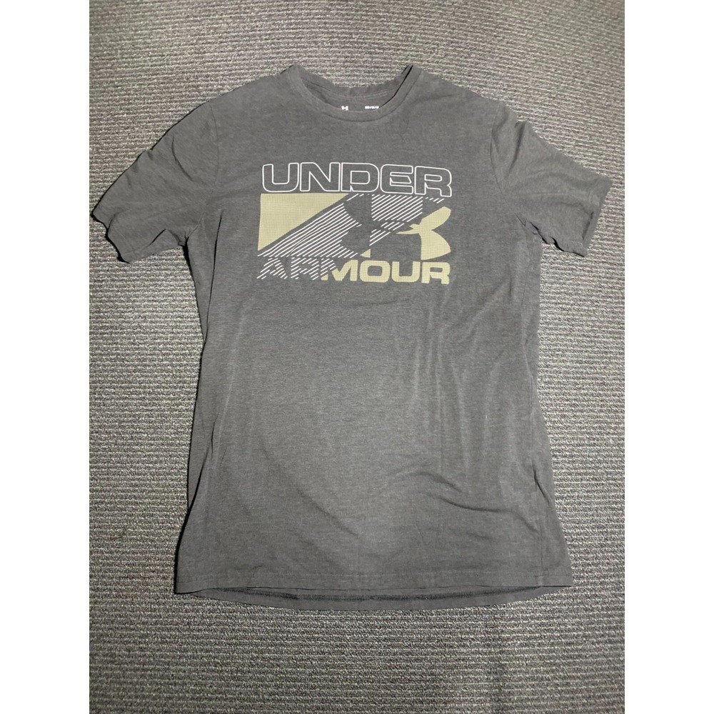 Under Armour HeatGear Mens T Shirt Gray Logo Spell Out Short Sleeve Medium